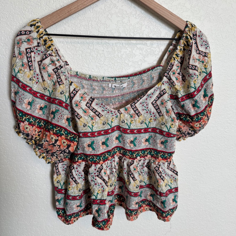 Beach Boho O'Neill Babydoll Puff Sleeve Top Size Medium Floral Multi